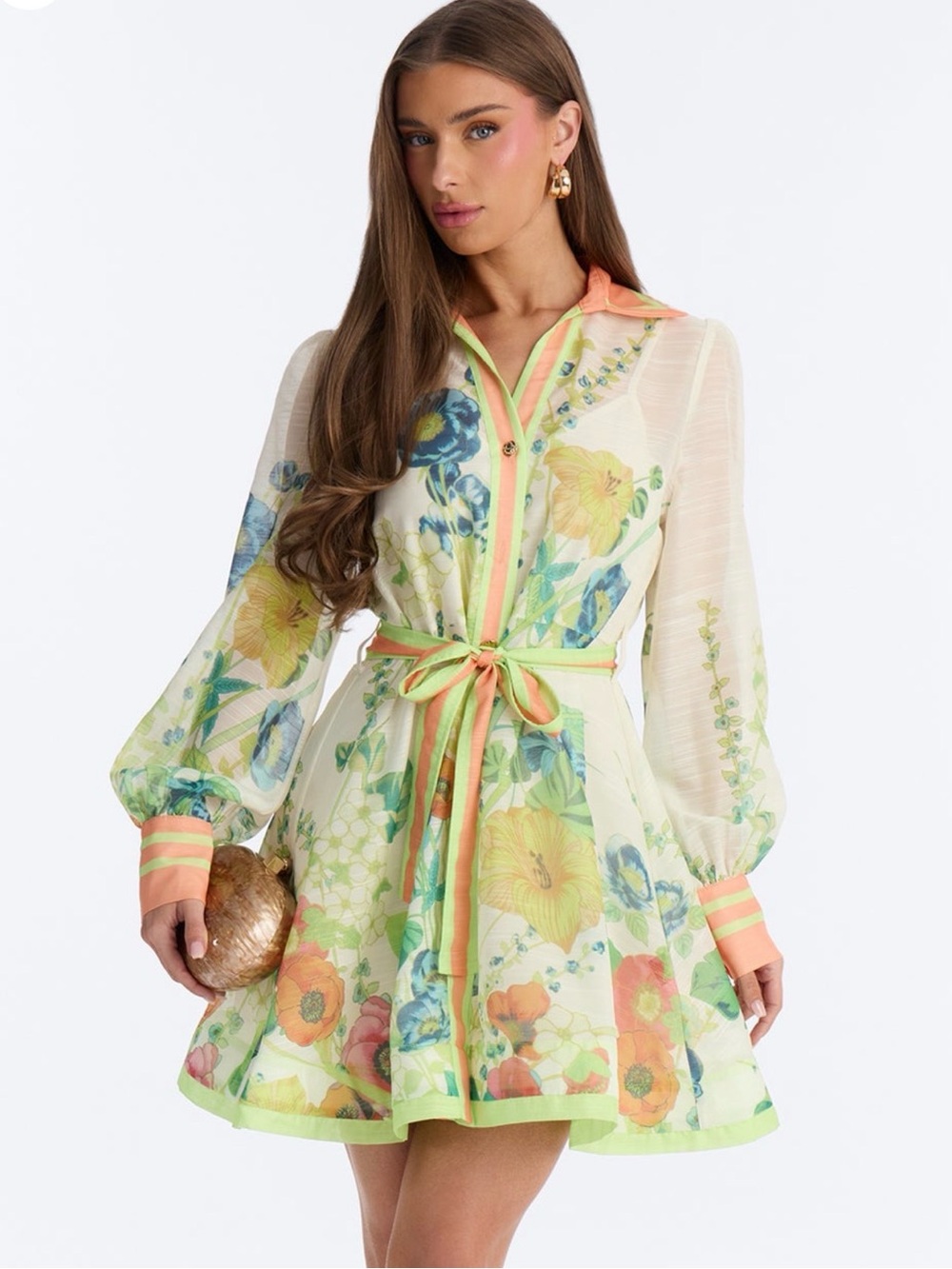 Floral Tie-Waist Mini Dress in Pastel Green